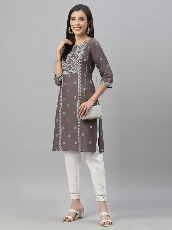 Juniper Grey Rayon Festive Placement Print Straight Kurta For Women - Distacart