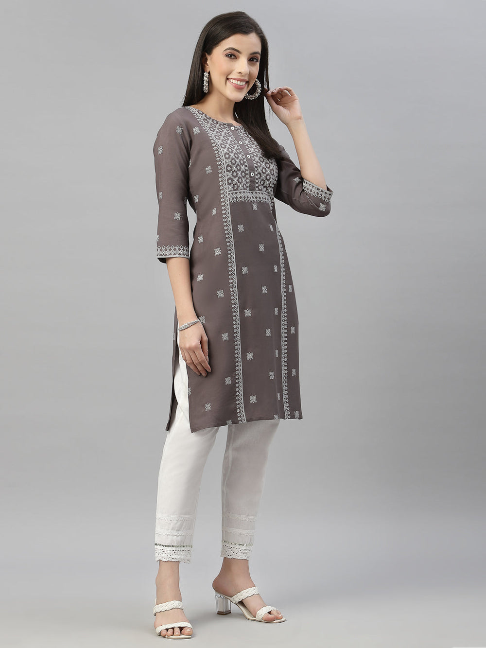 Juniper Grey Rayon Festive Placement Print Straight Kurta For Women - Distacart