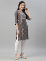 Thumbnail for Juniper Grey Rayon Festive Placement Print Straight Kurta For Women - Distacart
