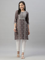 Thumbnail for Juniper Grey Rayon Festive Placement Print Straight Kurta For Women - Distacart
