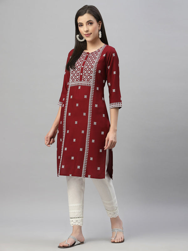 Juniper Maroon Rayon Festive Placement Print Straight Kurta For Women - Distacart