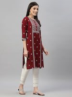 Thumbnail for Juniper Maroon Rayon Festive Placement Print Straight Kurta For Women - Distacart