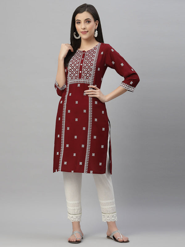 Juniper Maroon Rayon Festive Placement Print Straight Kurta For Women - Distacart