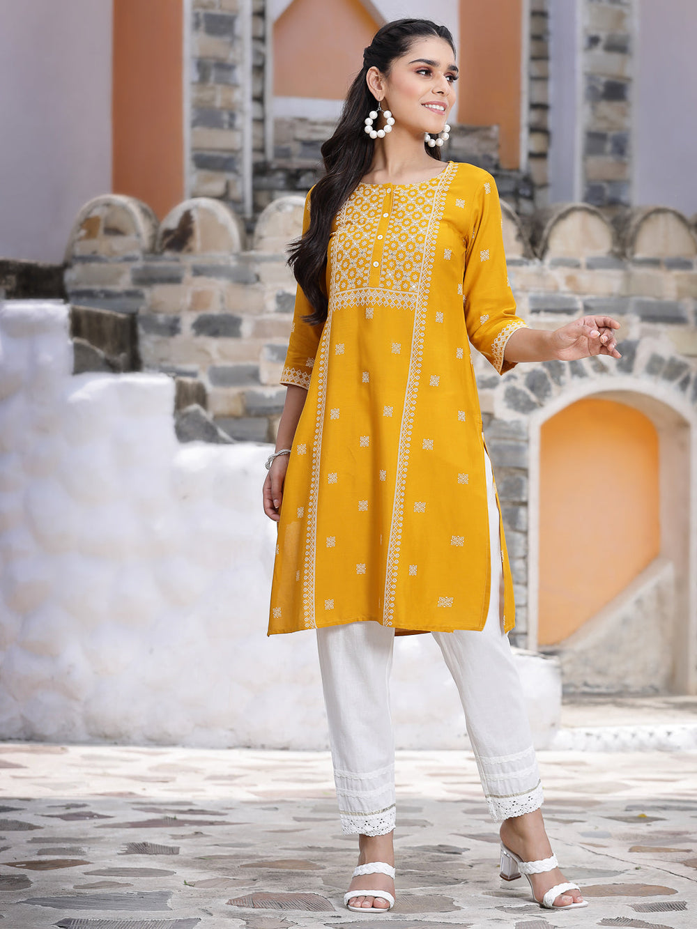Juniper Women's Mustard Rayon Placement Print Straight Kurta - Distacart