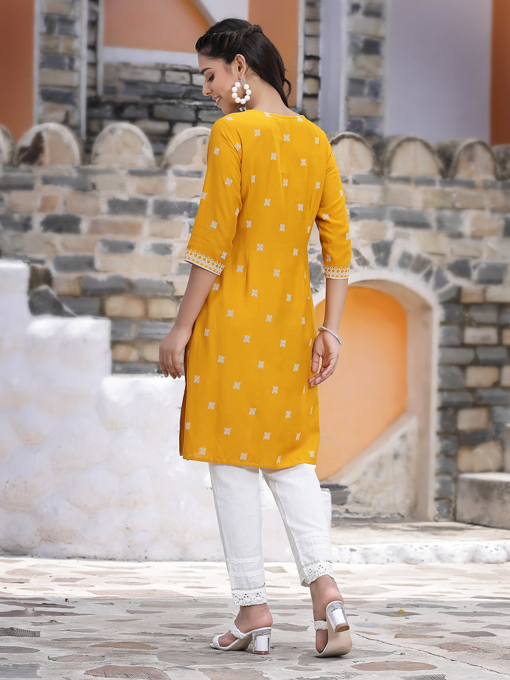 Juniper Women's Mustard Rayon Placement Print Straight Kurta - Distacart