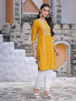 Thumbnail for Juniper Women's Mustard Rayon Placement Print Straight Kurta - Distacart