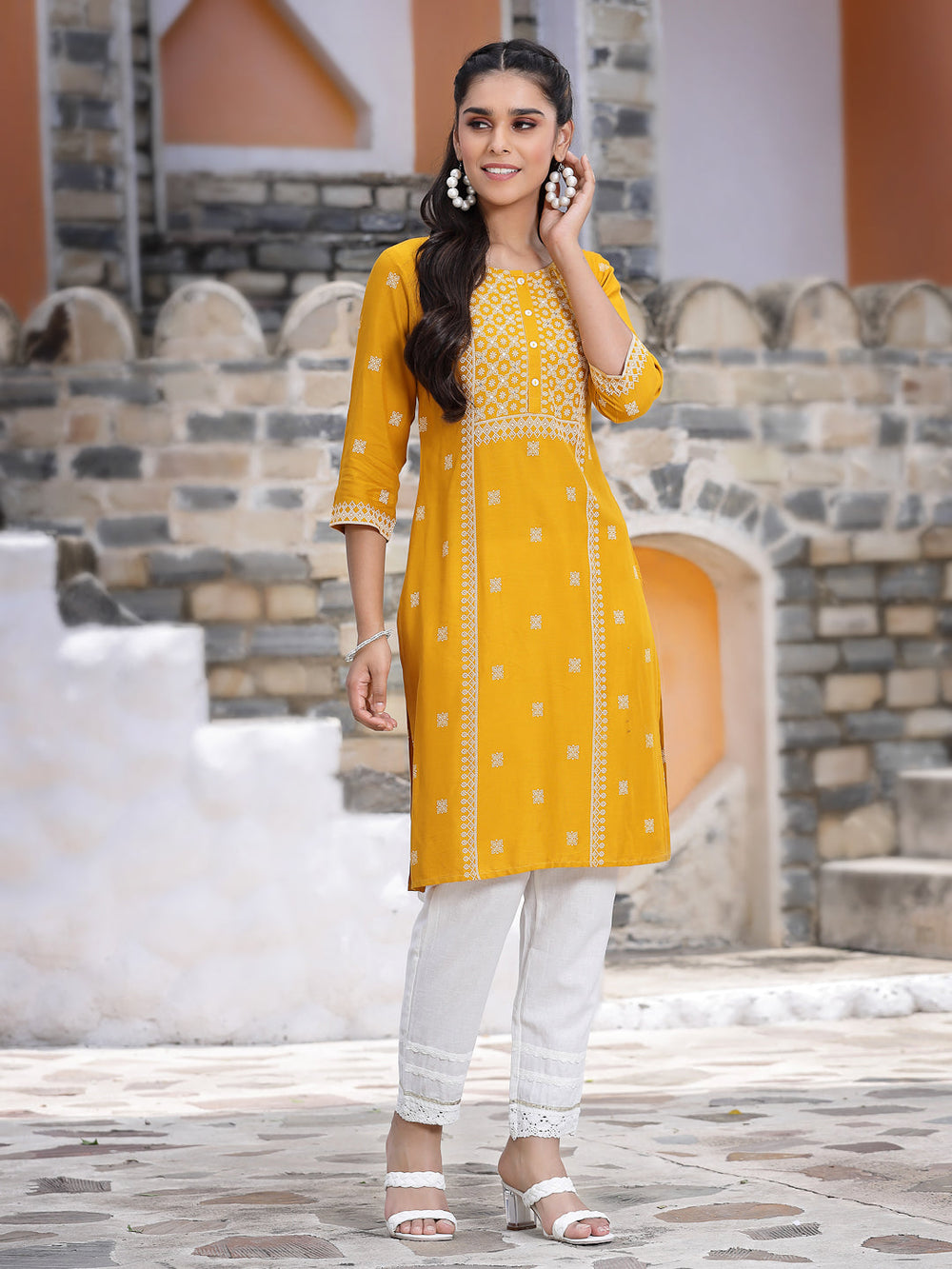Juniper Women's Mustard Rayon Placement Print Straight Kurta - Distacart