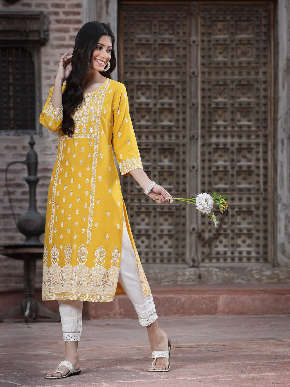 Juniper Women's Mustard Rayon Printed Straight Kurta - Distacart