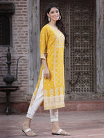 Thumbnail for Juniper Women's Mustard Rayon Printed Straight Kurta - Distacart