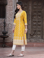 Thumbnail for Juniper Women's Mustard Rayon Printed Straight Kurta - Distacart
