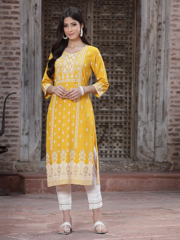 Juniper Women's Mustard Rayon Printed Straight Kurta - Distacart
