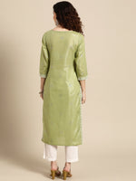 Thumbnail for Sangria Women Olive Green Floral Yoke Design Thread Work Pastels Kurta - Distacart