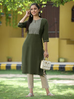 Thumbnail for Juniper Green Rayon Festive Embroidered Straight Kurta For Women - Distacart