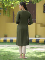 Thumbnail for Juniper Green Rayon Festive Embroidered Straight Kurta For Women - Distacart