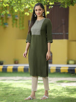 Thumbnail for Juniper Green Rayon Festive Embroidered Straight Kurta For Women - Distacart
