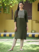 Thumbnail for Juniper Green Rayon Festive Embroidered Straight Kurta For Women - Distacart
