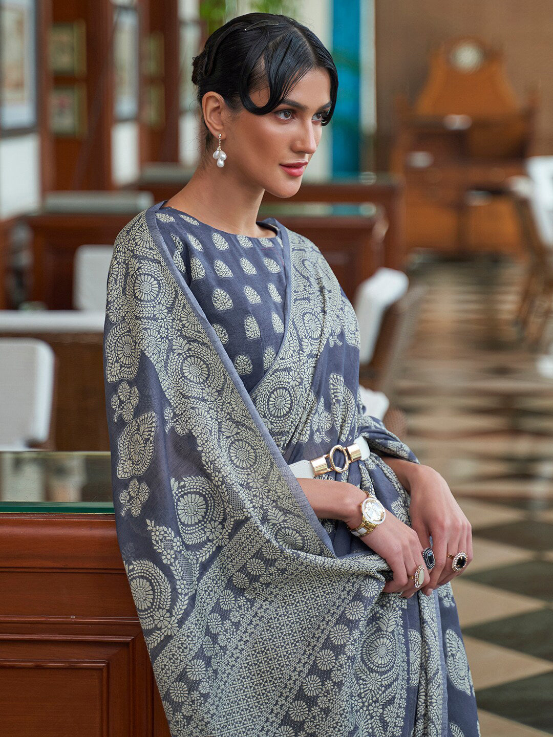 Mitera Navy Blue & Grey Woven Design Linen Blend Muga Saree - Distacart