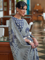 Thumbnail for Mitera Navy Blue & Grey Woven Design Linen Blend Muga Saree - Distacart
