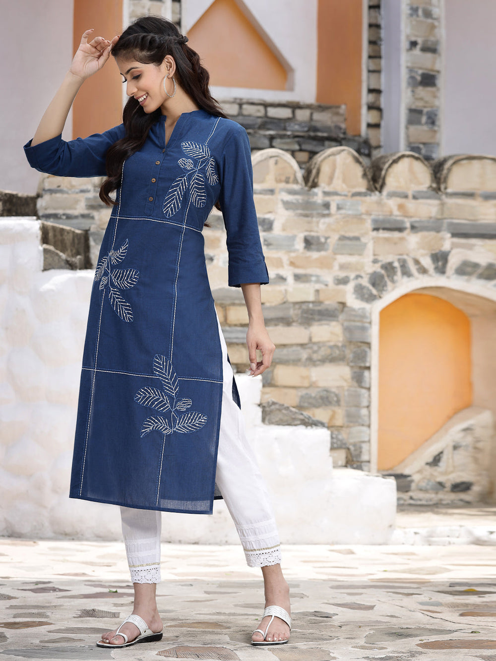 Juniper Women's Royal Blue Cotton Embroidered Straight Kurta - Distacart