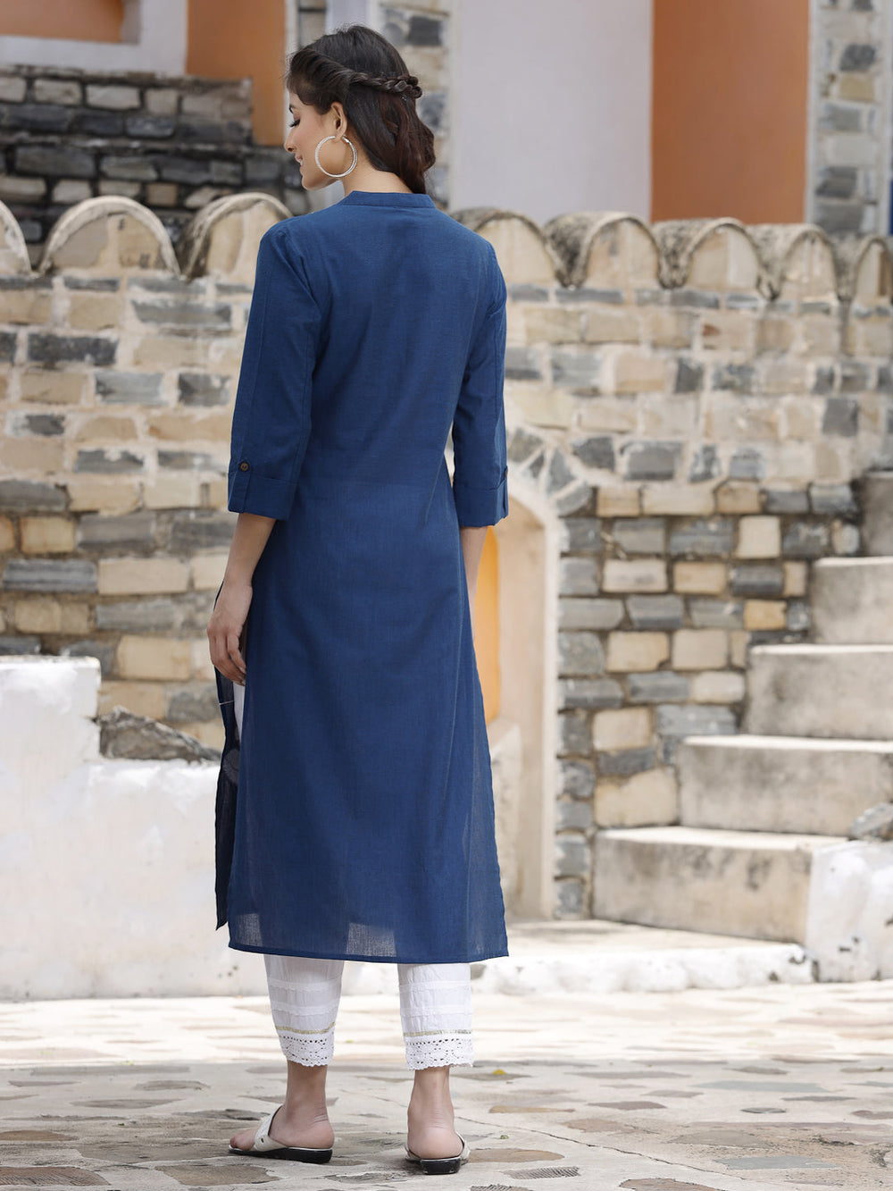 Juniper Women's Royal Blue Cotton Embroidered Straight Kurta - Distacart