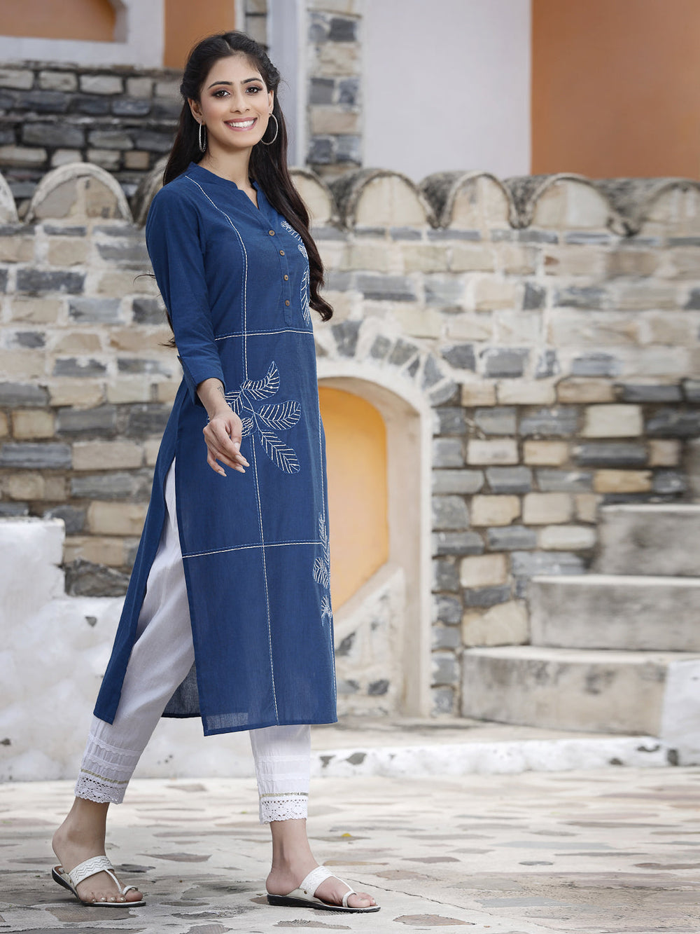 Juniper Women's Royal Blue Cotton Embroidered Straight Kurta - Distacart