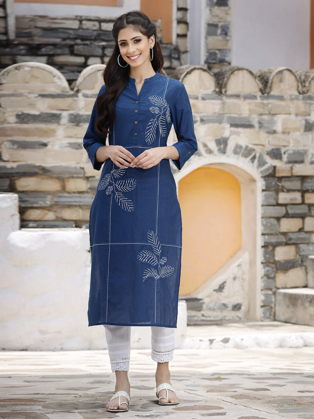 Juniper Women's Royal Blue Cotton Embroidered Straight Kurta - Distacart