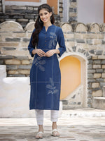 Thumbnail for Juniper Women's Royal Blue Cotton Embroidered Straight Kurta - Distacart