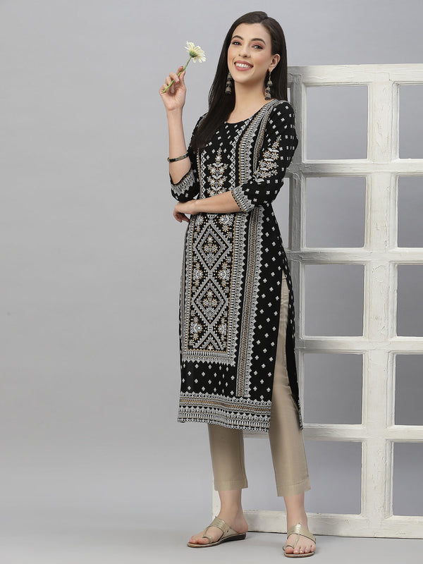 Juniper Black Rayon Festive Placement Print Straight Kurta For Women - Distacart