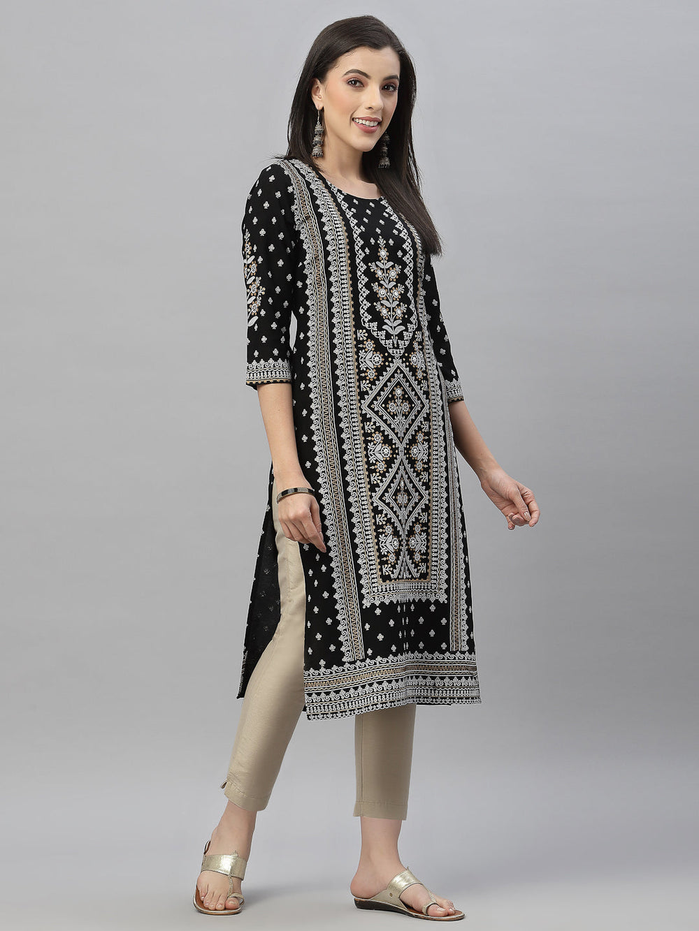 Juniper Black Rayon Festive Placement Print Straight Kurta For Women - Distacart