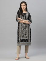 Thumbnail for Juniper Black Rayon Festive Placement Print Straight Kurta For Women - Distacart