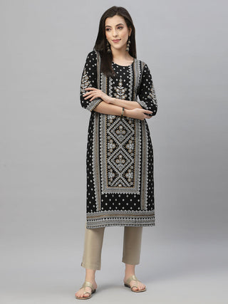 Juniper Black Rayon Festive Placement Print Straight Kurta For Women - Distacart