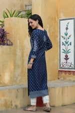 Thumbnail for Juniper Indigo Rayon Festive Placement Print Straight Kurta For Women - Distacart