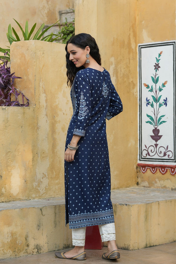 Juniper Indigo Rayon Festive Placement Print Straight Kurta For Women - Distacart