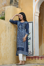 Thumbnail for Juniper Indigo Rayon Festive Placement Print Straight Kurta For Women - Distacart