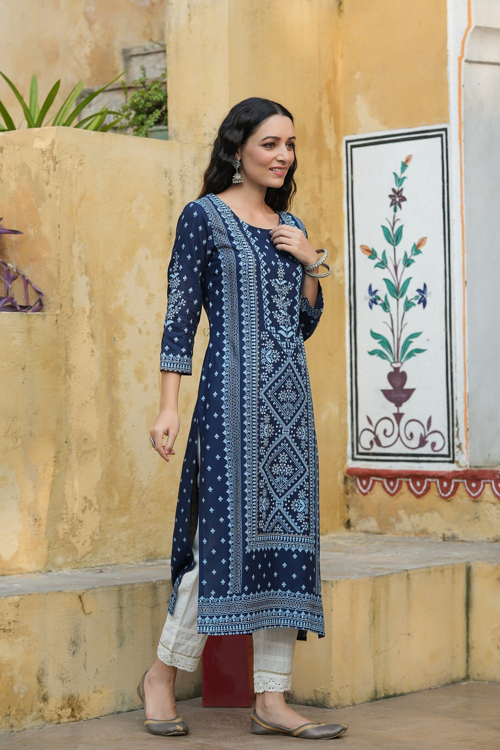 Juniper Indigo Rayon Festive Placement Print Straight Kurta For Women - Distacart