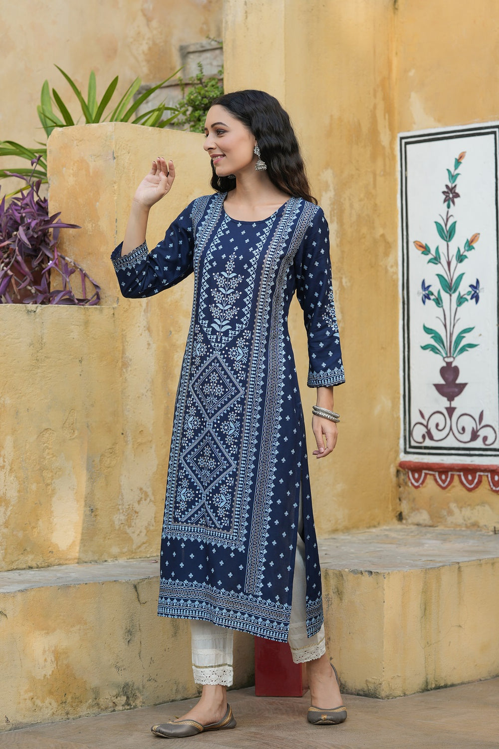 Juniper Indigo Rayon Festive Placement Print Straight Kurta For Women - Distacart