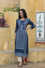 Thumbnail for Juniper Indigo Rayon Festive Placement Print Straight Kurta For Women - Distacart