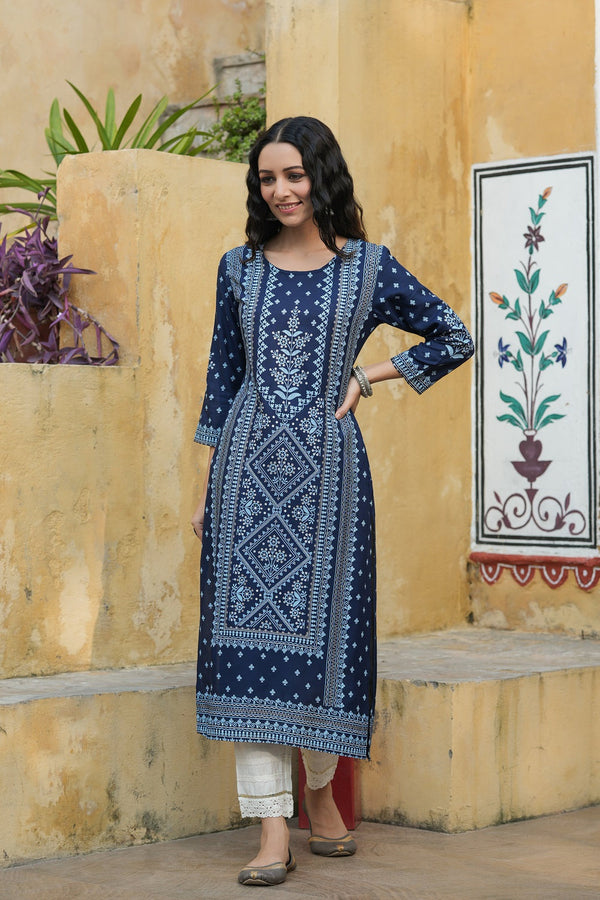 Juniper Indigo Rayon Festive Placement Print Straight Kurta For Women - Distacart