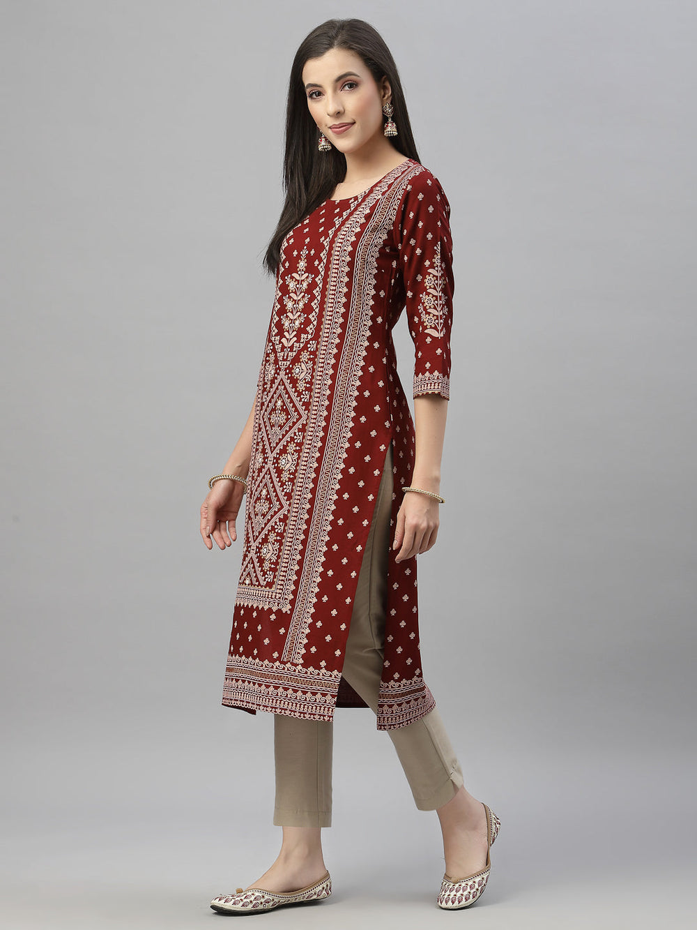 Juniper Maroon Rayon Festive Placement Print Straight Kurta For Women - Distacart