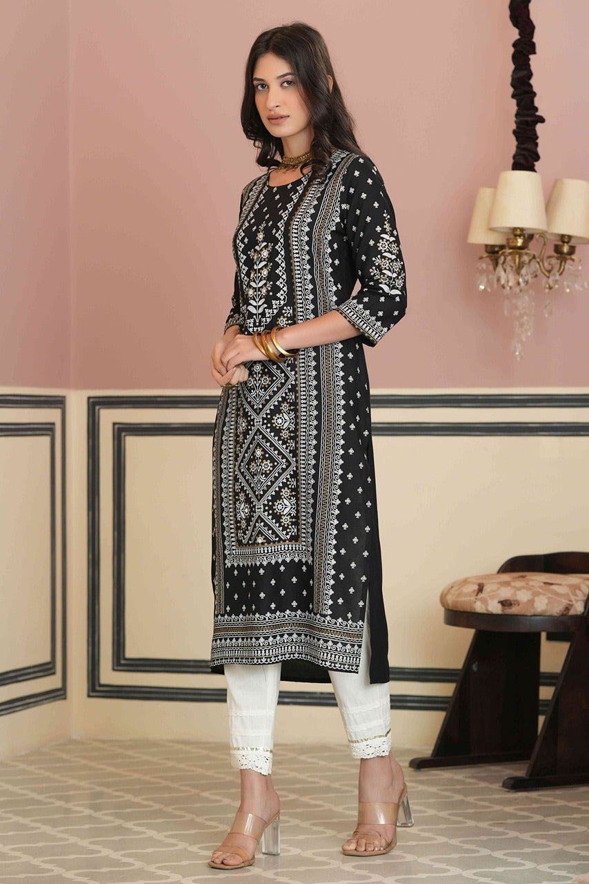 Juniper Women's Black Rayon Staple Straight Placement Print Kurta - Distacart
