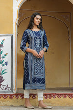 Thumbnail for Juniper Women's Indigo Rayon Staple Straight Placement Print Kurta - Distacart