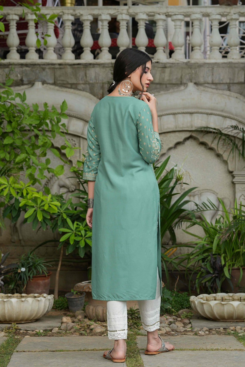 Juniper Women's Sage Green Rayon Staple Straight Placement Print Kurta - Distacart