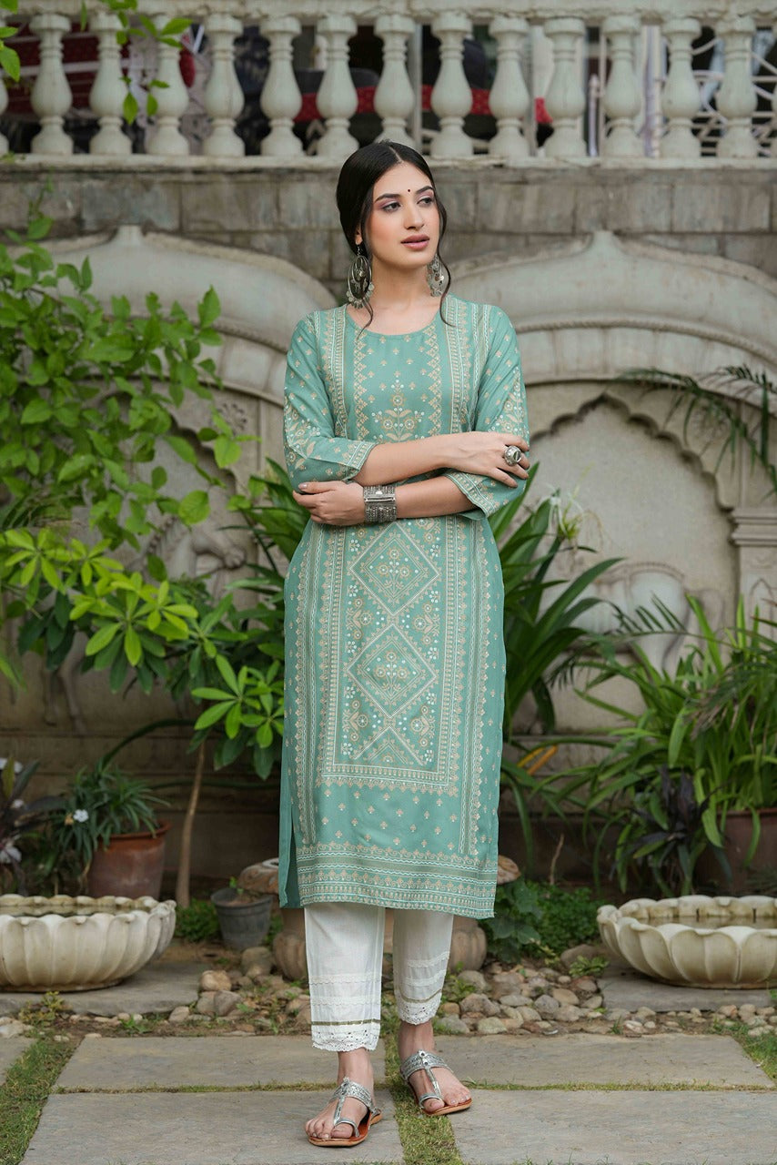 Juniper Women's Sage Green Rayon Staple Straight Placement Print Kurta - Distacart