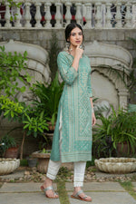 Thumbnail for Juniper Women's Sage Green Rayon Staple Straight Placement Print Kurta - Distacart