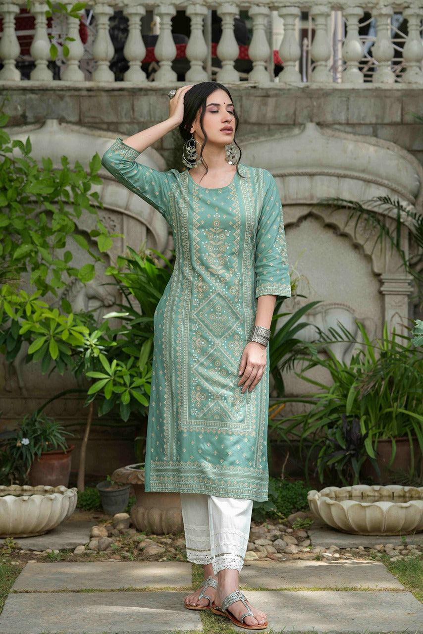 Juniper Women's Sage Green Rayon Staple Straight Placement Print Kurta - Distacart