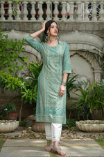 Thumbnail for Juniper Women's Sage Green Rayon Staple Straight Placement Print Kurta - Distacart