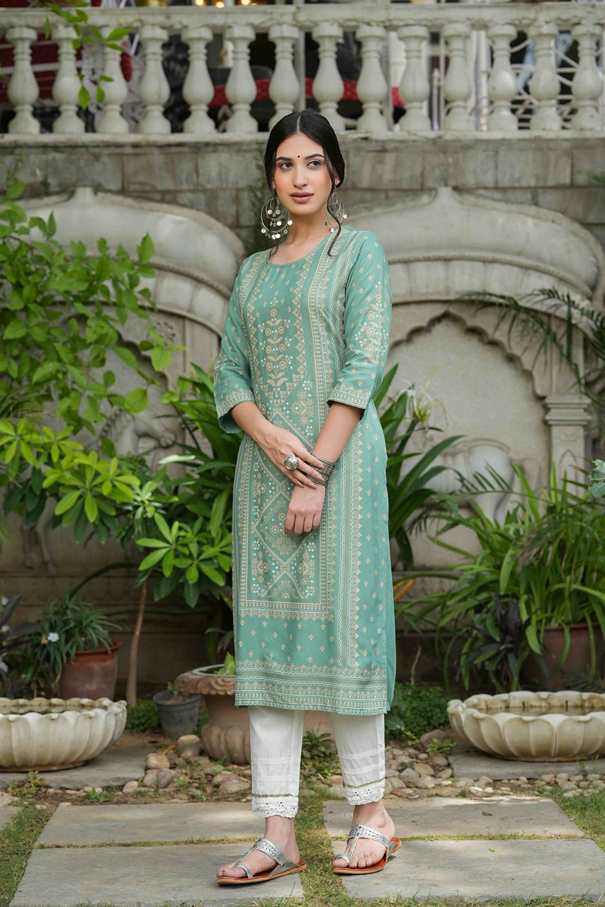 Juniper Women's Sage Green Rayon Staple Straight Placement Print Kurta - Distacart