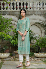 Thumbnail for Juniper Women's Sage Green Rayon Staple Straight Placement Print Kurta - Distacart