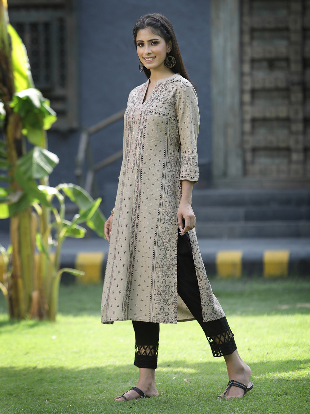 Juniper Beige Rayon Festive Placement Print Straight Kurta For Women - Distacart