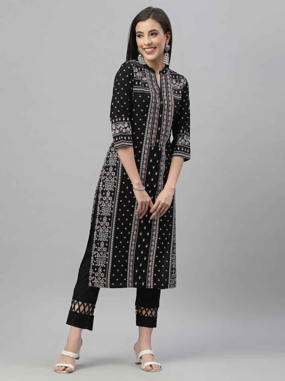 Juniper Black Rayon Festive Placement Print Straight Kurta For Women - Distacart